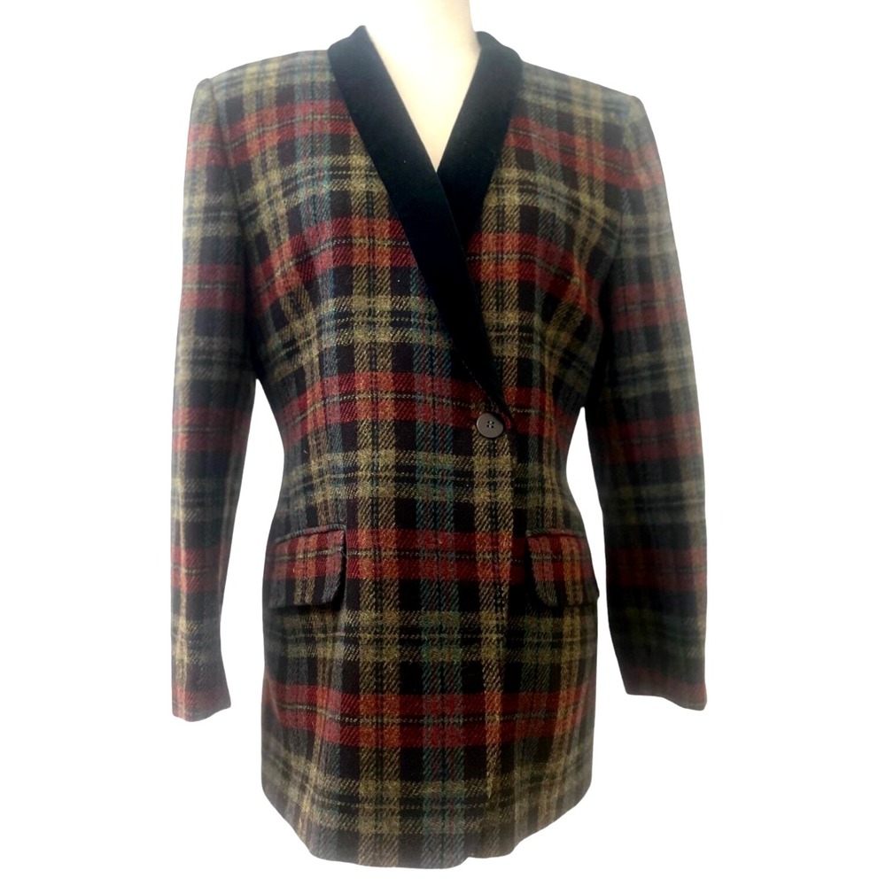 VTG Jones New York PLAID WOOL BLAZER JACKET Velvet Collar BLACK GREEN RUST sz 8